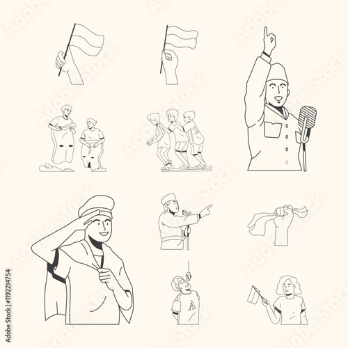 Indonesian Independence Day Illustration Pack Outline Style
