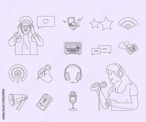 Podcast Hand Drawn Elements Pack Outline Style