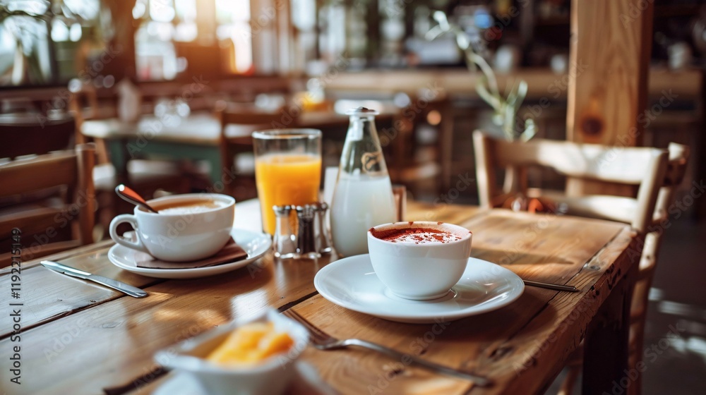 Cozy restaurant table with a Greek yogurt breakfast, orange juice, and hot coffee Cozy restaurant table with a Greek yogurt breakfast, orange juice, and hot coffee