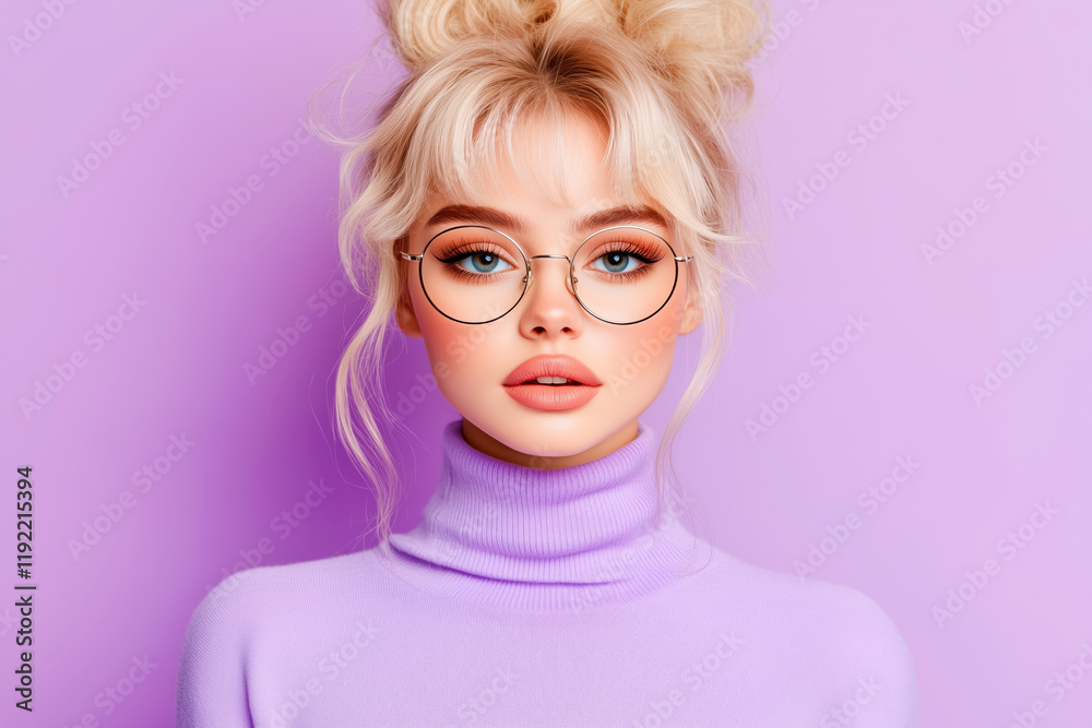 Blonde influencer wearing glasses and purple turtleneck posing on purple background Blonde influencer wearing glasses and purple turtleneck posing on purple background
