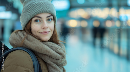 Young woman in winter wear with thoughtful expression in city
