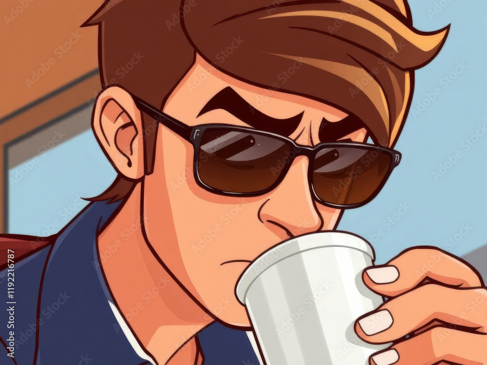 Man in sunglasses is drinking from a white cup Man in sunglasses is drinking from a white cup