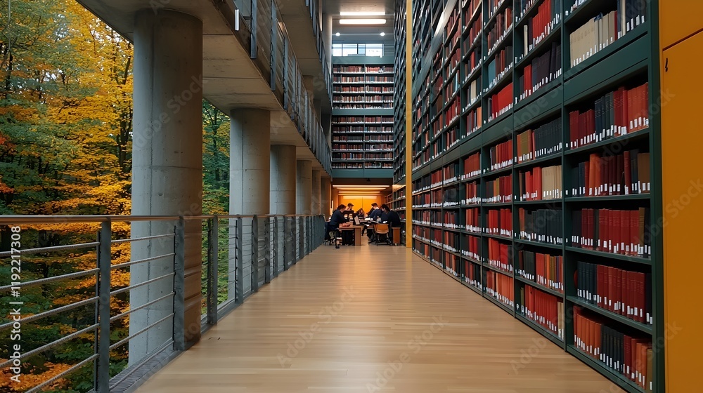 Impressive University Library With Towering Bookshelves and Diligent Students Engaged in Deep Study