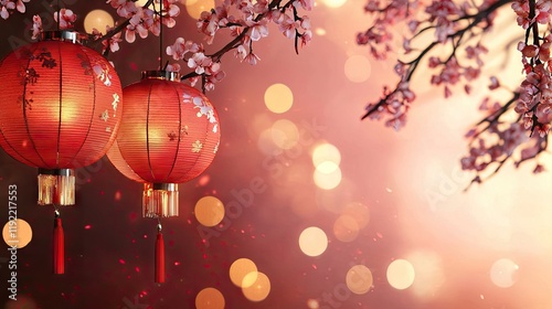 Festive lanterns and cherry blossoms, celebrating spring