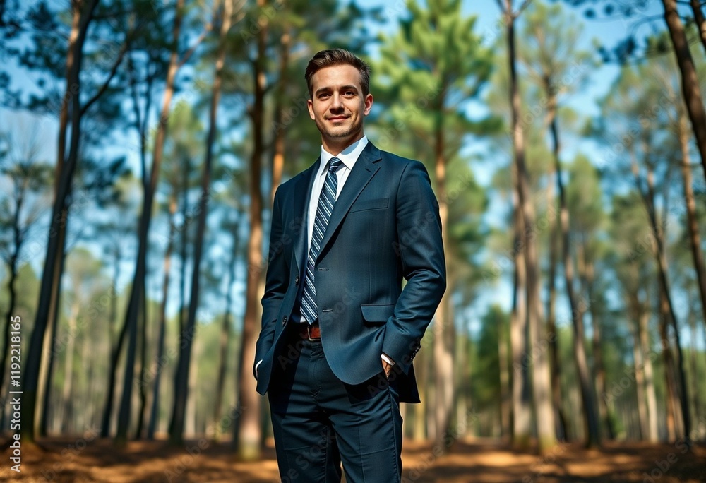 Serene forest landscape with a male professional in a business suit Serene forest landscape with a male professional in a business suit