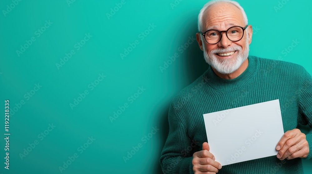 Senior man with playful expression holding blank placard against light cyan background in studio setting Senior man with playful expression holding blank placard against light cyan background in studio setting