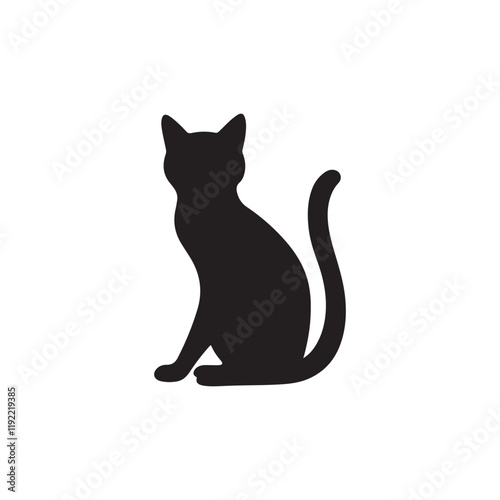 Elegant Sitting Cat Silhouette - Black Feline Icon. black cat on white