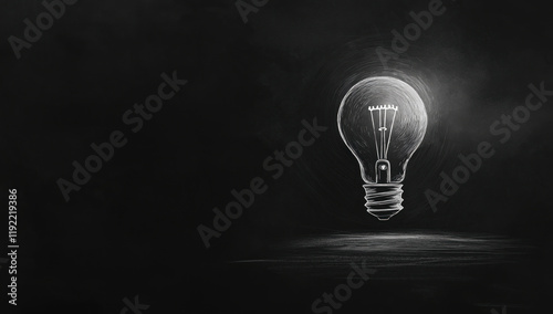 A light bulb is lit up on a black background