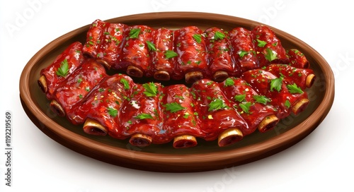 Delicious Glazed BBQ Ribs with Fresh Parsley Garnish Served on Rustic Plate photo