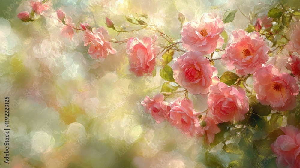 A vibrant field of pink roses basking in the soft A vibrant field of pink roses basking in the soft