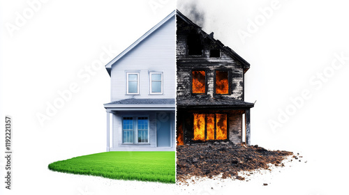 Before and After Fire Damage House Wallpaper - Home insurance, fire safety, restoration, rebuilding, recovery.  A split image depicts a house before and after a devastating fire.