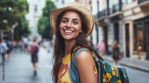 Happy young woman with straw hat and backpack exploring city