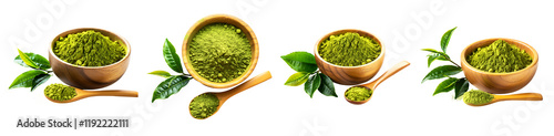 Matcha Powder in Wooden Bowls and Spoons, Green Tea Leaves, Black Background