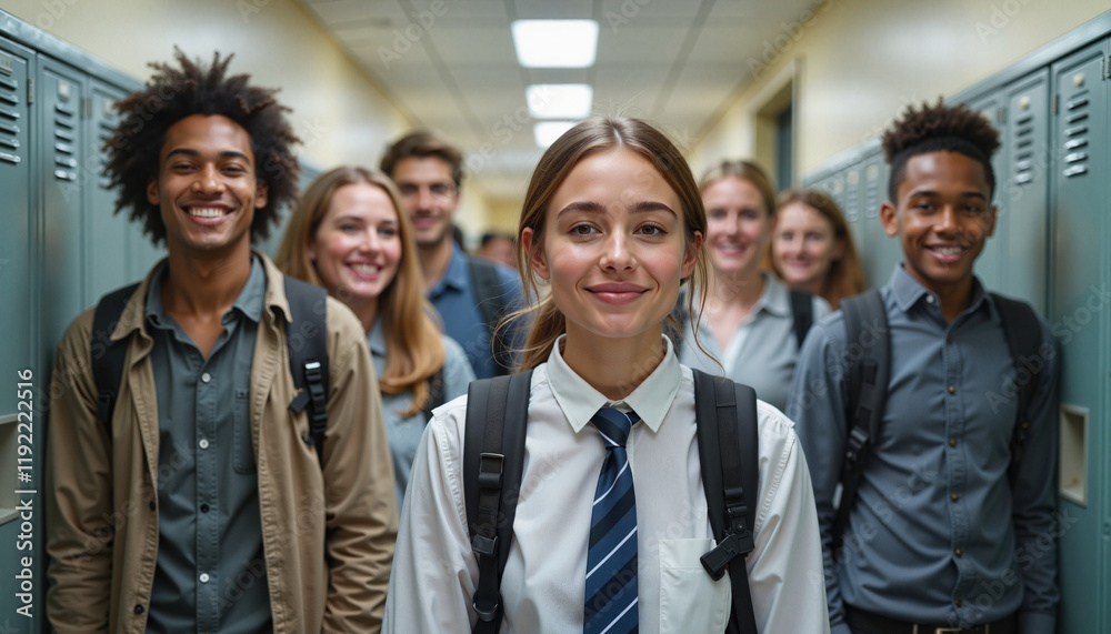 Diverse teenagers smiling in school hallway, youth unity Diverse teenagers smiling in school hallway, youth unity