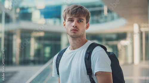Young man with backpack in modern urban setting