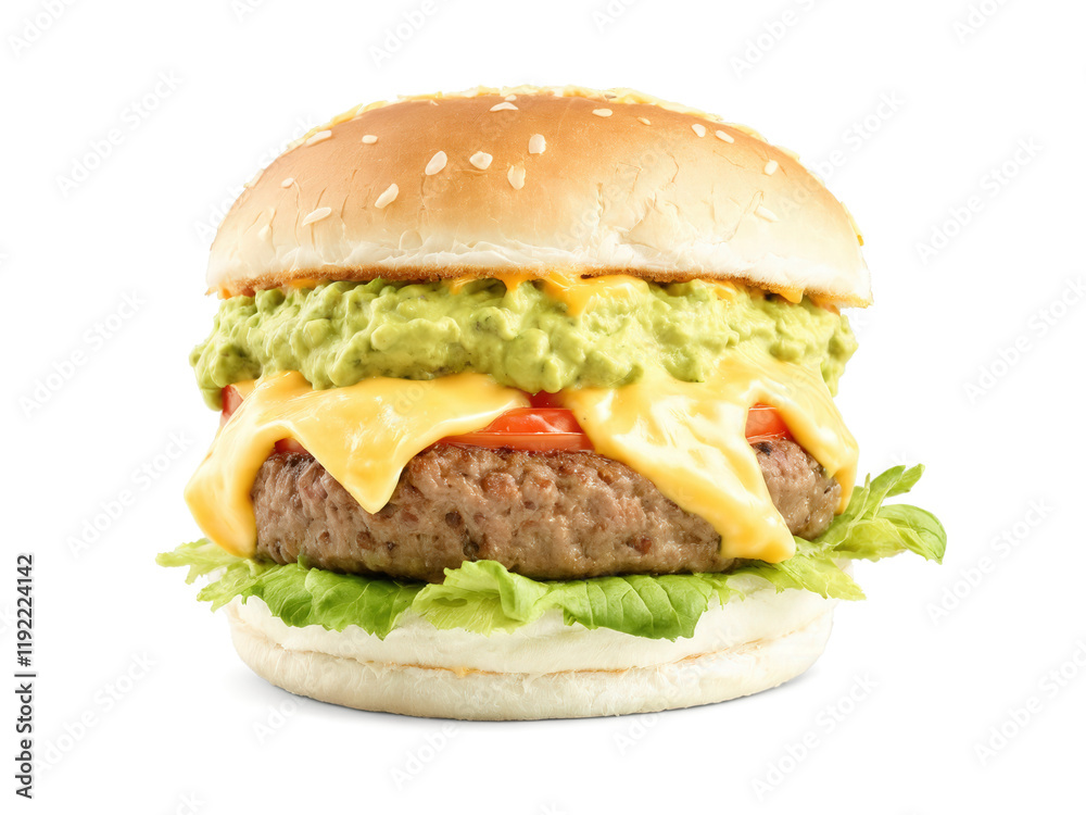 Guacamole Burger A tender beef patty topped with creamy guacamole, fresh tomato, lettuce, and melted cheddar cheese, all nestled Guacamole Burger A tender beef patty topped with creamy guacamole, fresh tomato, lettuce, and melted cheddar cheese, all nestled