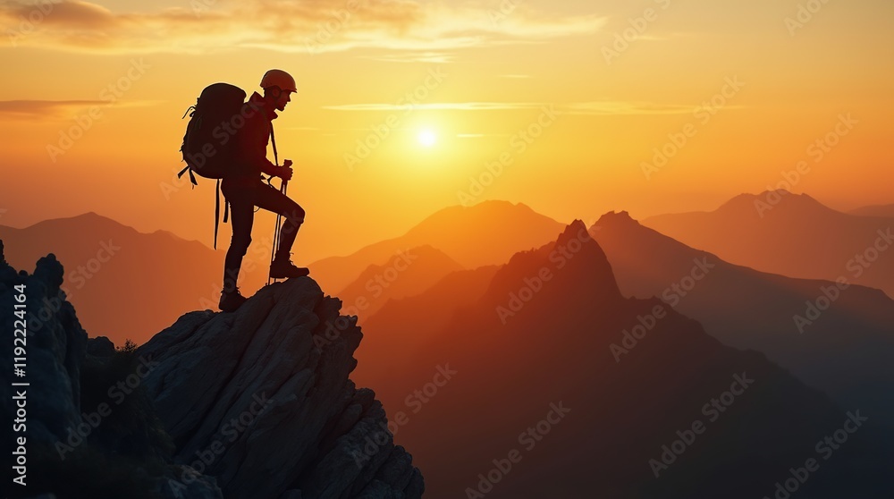 Fototapeta premium Silhouette of a Hiker on a Mountain Summit During Sunset