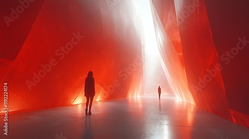 Two silhouetted figures in a red, light-filled cavernous space. photo