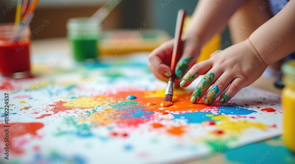 Child's Hands Painting with Vibrant Colors in Creative Art Activity