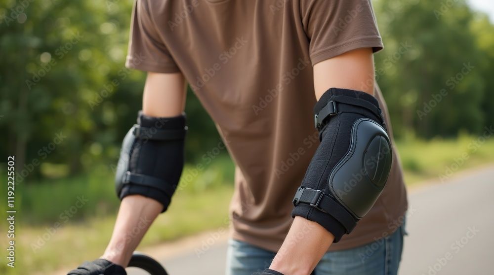 Close-Up of Individual Wearing Protective Elbow Pads in Outdoor Setting Close-Up of Individual Wearing Protective Elbow Pads in Outdoor Setting