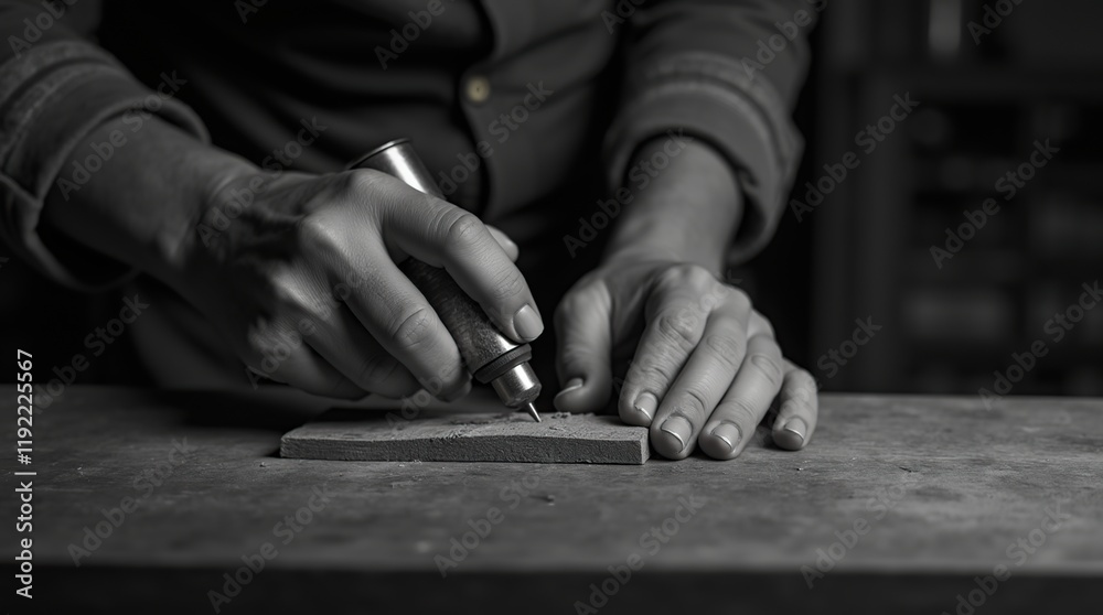 Monochrome Image of Artisan Crafting Using Precise Hand Tools on Workspace Monochrome Image of Artisan Crafting Using Precise Hand Tools on Workspace