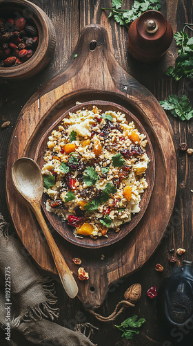 A platter of Dhaniya Panjiri sprinkled with fresh coriander and dry fruits. photo