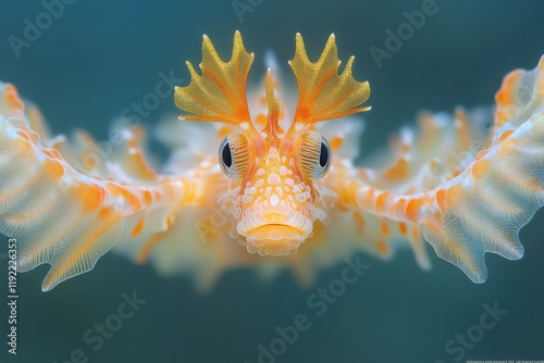 Stunning close-up of a vibrant orange and white marine creature, exhibiting unique, delicate features.  Its large eyes and ornate appendages create a captivating underwater portrait. photo