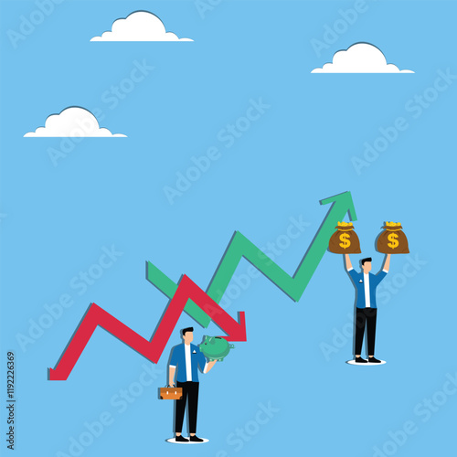 Losses and Profits, Volatility and Instability in Financial Investments, Businessman standing under a falling arrow with a moneyless piggy bank, another businessman standing under a rising arrow with 