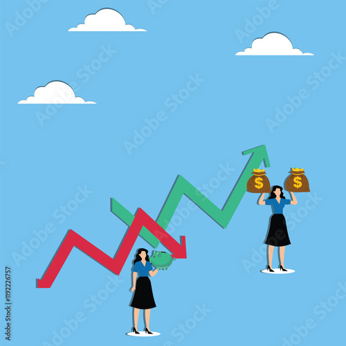 Losses and Profits, Volatility and Instability in Financial Investments, Businesswoman standing under a falling arrow with a moneyless piggy bank, another businesswoman standing under a rising arrow w