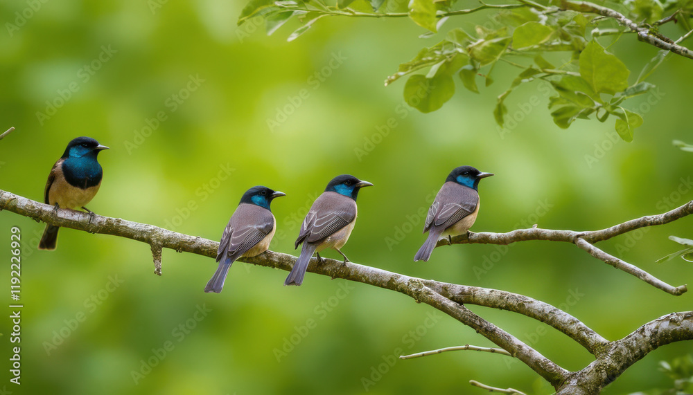 Fototapeta premium Flock of small birds on intertwined branches in lush green lighting