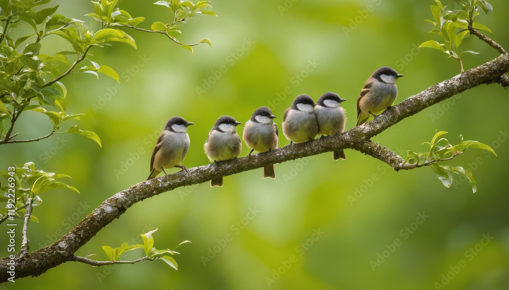 Flock of small birds on intertwined branches in lush green lighting Flock of small birds on intertwined branches in lush green lighting