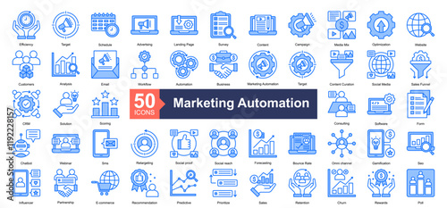 Marketing Automation Icon Collection Set.Containing Efficiency, Target, Schedule, Advertising, Landing Page, Survey, Content, Campaign icon. Simple blue style Vector Illustration.