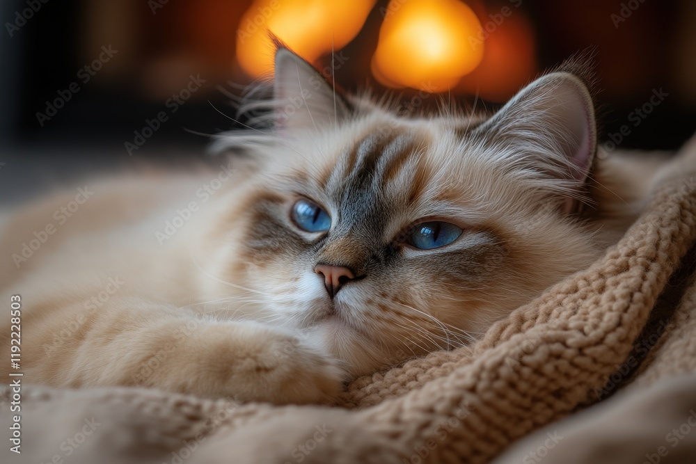 Naklejka premium Adorable Ragdoll cat relaxing by a warm fireplace, showcasing its stunning blue eyes and fluffy fur. Perfect for pet, winter, or home comfort themes.