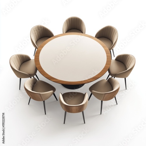 Round dining table with eight upholstered chairs.