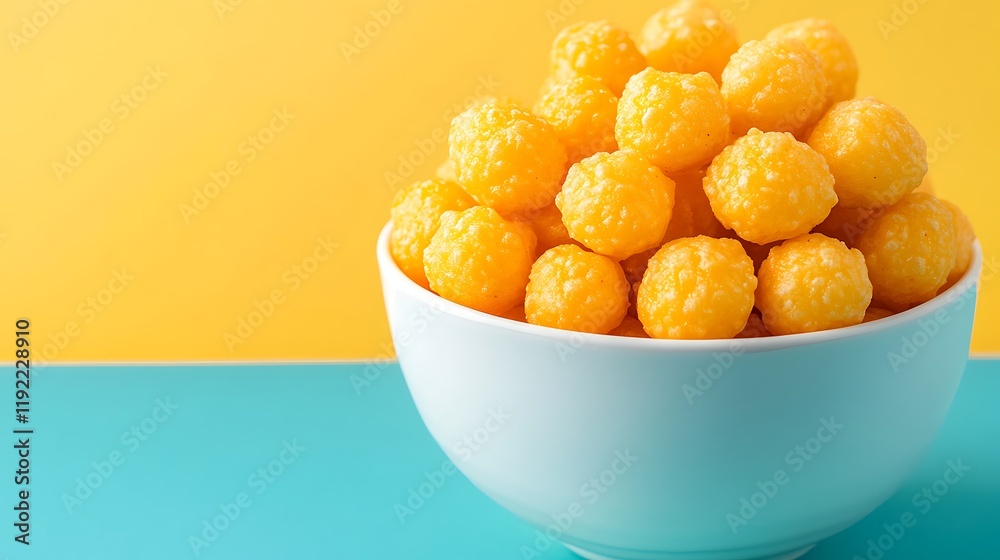 Cheese Potato Puff Ball Snacks in a bowl on a blue and yellow background. Cheese Potato Puff Ball Snacks in a bowl on a blue and yellow background.
