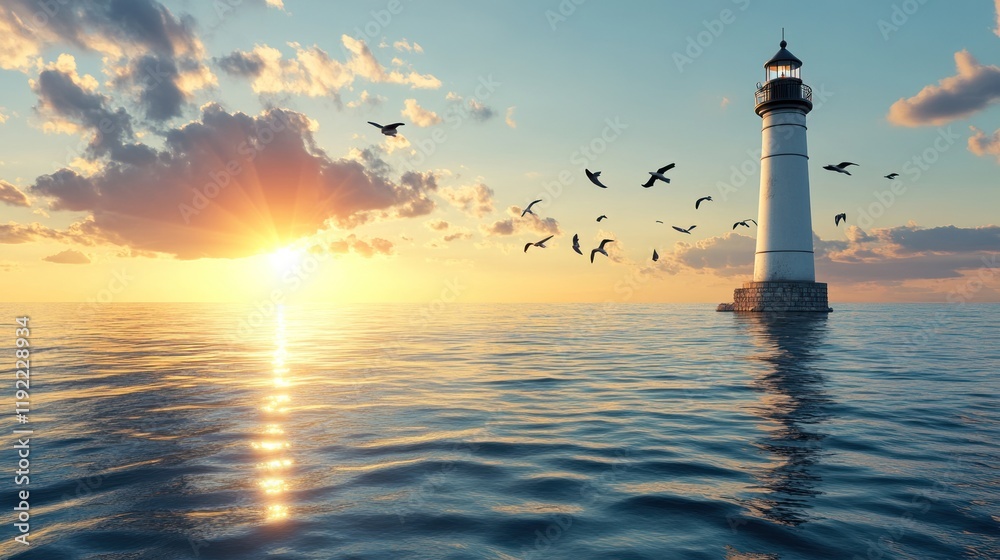 Serene sunset over ocean with lighthouse and birds. Serene sunset over ocean with lighthouse and birds.