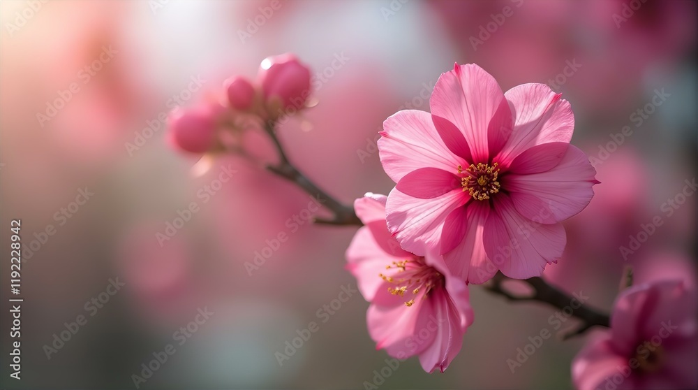 Obraz premium Delicate Pink Cherry Blossom in Full Bloom, Petal Layers Unfurled, Warm Light Kissed, Golden Pollen at the Heart, Soft Focus Background, From Eye-Level, with Bokeh Effect, Pink Flower