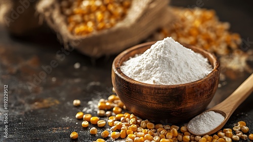 Corn flour in a wooden bowl and scattered corn kernels on a dark background. photo