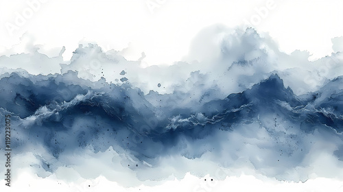 Indigo Ink Wash Landscape: An abstract watercolor painting evokes a serene landscape, with shades of indigo and blue creating a dreamy, undulating horizon. photo