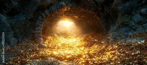Sunlit cave entrance revealing gold treasure.  Wealth, riches, fantasy