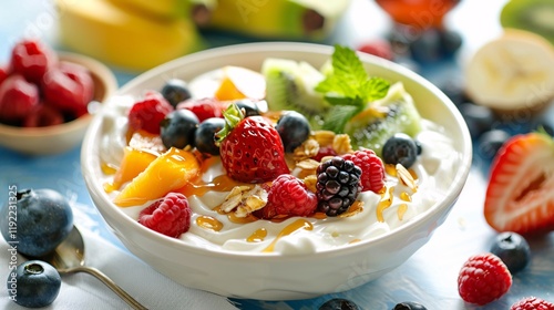 Fototapeta Naklejka Na Ścianę i Meble -  Fresh fruits and Greek yogurt with honey and crispy toast