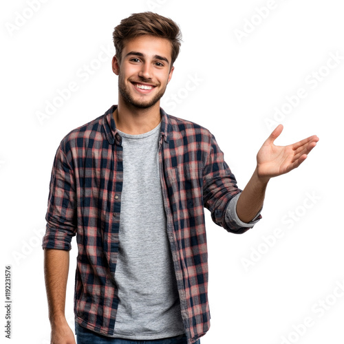 A man with a plaid shirt and gray shirt is smiling and holding his hand up