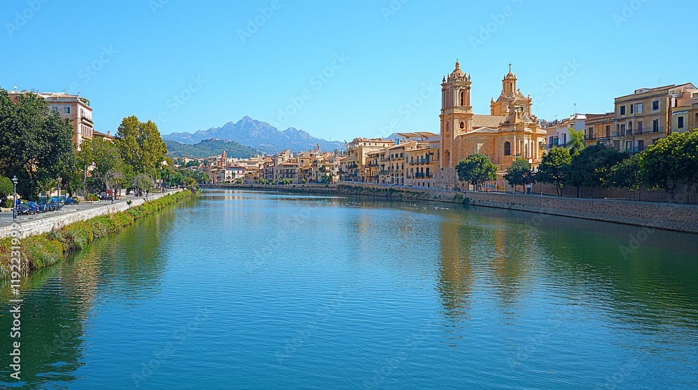 Sunny river view, church, mountains, town. Travel brochure, website Sunny river view, church, mountains, town. Travel brochure, website