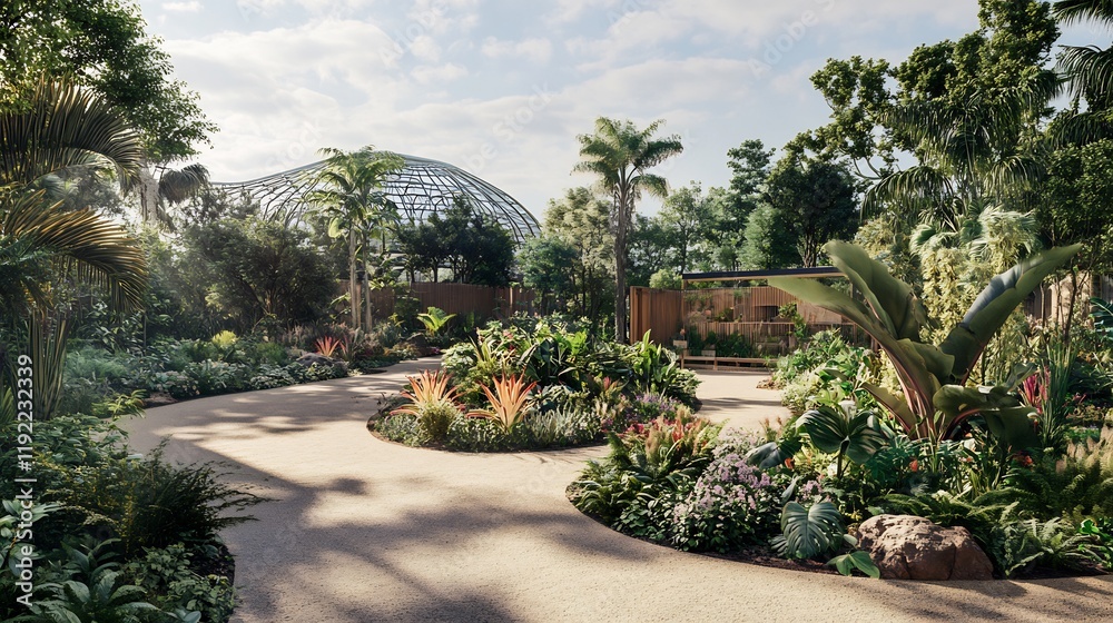 Creative portrayal of botanic gardens highlighting diverse plant species educational displays