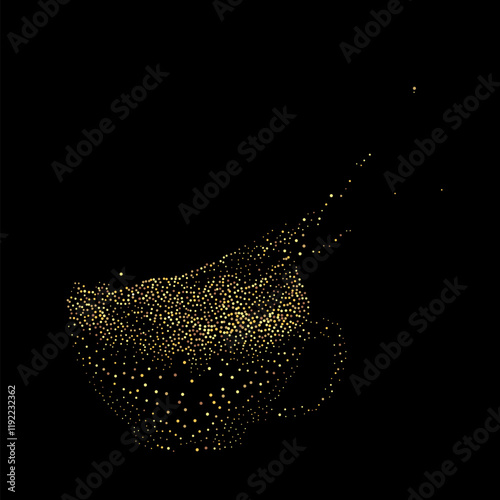 Coffee cup breaking into gold particles, created from circular dots. Perfect for abstract designs, adds creativity and innovation to visual projects, symbolizing transformation and uniqueness. 