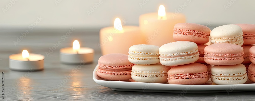 Valentine macarons idea. Delicious macarons in pastel shades on a plate, surrounded by soft candlelight. Valentine macarons idea. Delicious macarons in pastel shades on a plate, surrounded by soft candlelight.