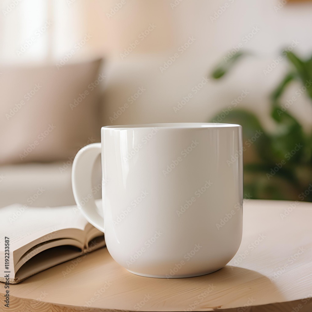 Obraz premium Blank white mug close up mockup on blur living room background.