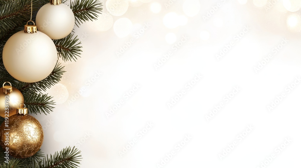 A festive arrangement of ornaments and pine branches on a light background. A festive arrangement of ornaments and pine branches on a light background.