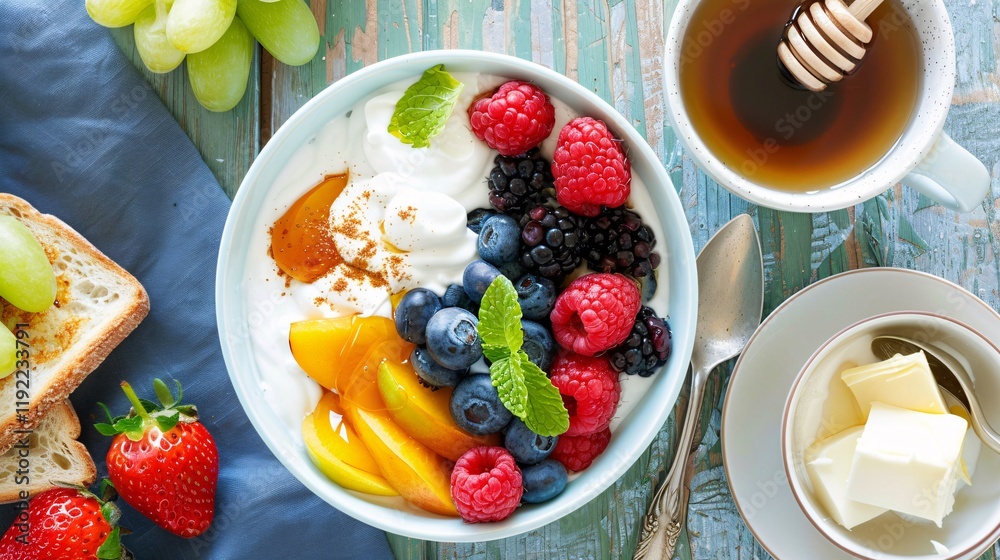 Greek yogurt bowl with fruits, honey, toast, butter, and a cup of coffee Greek yogurt bowl with fruits, honey, toast, butter, and a cup of coffee