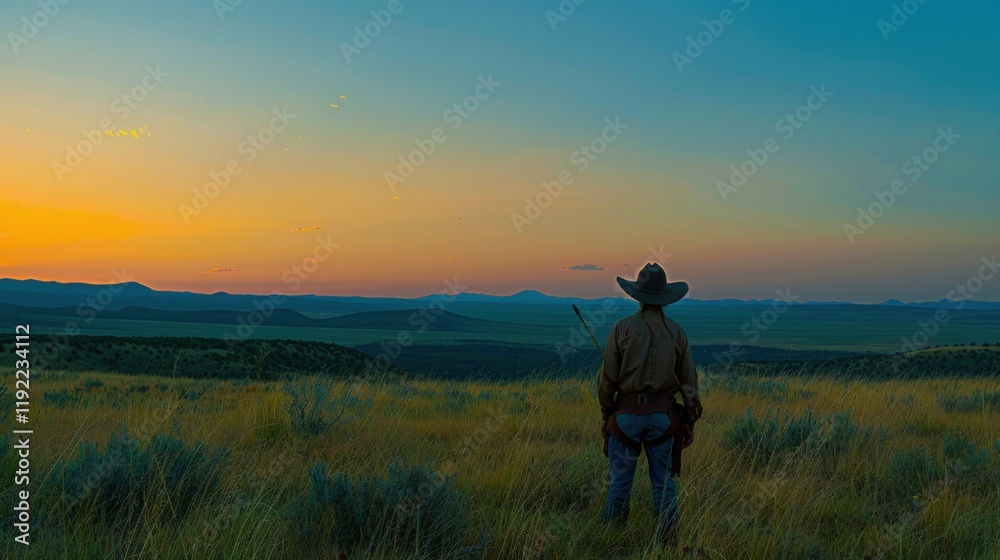 Silhouetted cowboy gazing at sunset over vast plains, holding a rifle. Silhouetted cowboy gazing at sunset over vast plains, holding a rifle.